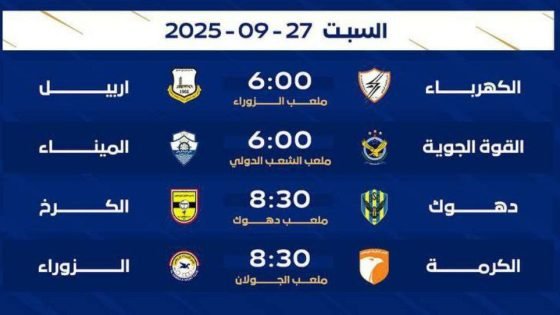 اليوم بدوري نجوم العراق.. القوة الجوية يلاقي الميناء والزوراء بضيافة الكرمة 