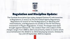 الاتحاد الإنجليزي يوجه 74 تهمة لـ تشيلسي تتعلق بانتهاك التنظيمات الخاصة بـ وكلاء الأعمال هذه التهم تتعلق بأحداث تمت ما بين 2009-2022
