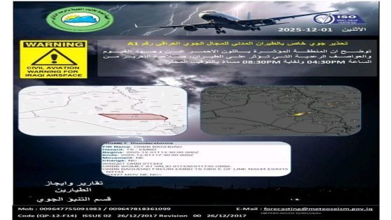 الانواء الجوية تصدر تحذيراً للطيارين بسبب وجود سحب ركامية رعدية حتى الثامنة مساءً