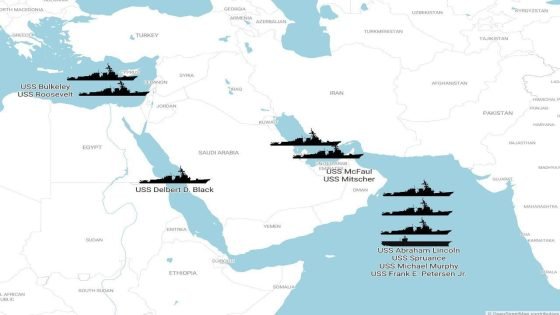 مواقع الانتشار المكثف لثمانية مدمرات وحاملة طائرات أمريكية في الشرق الأوسط استعدادا لضربات شاملة على ايران.