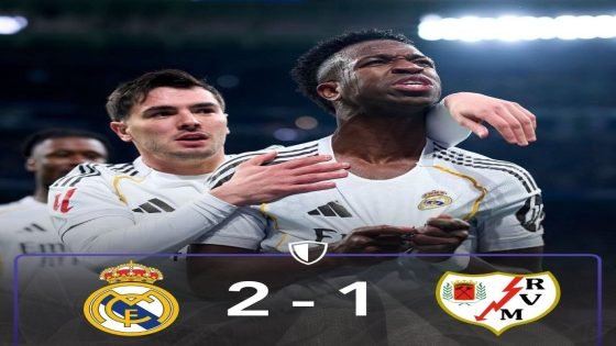 نهاية المباراة بين ريال مدريد ورايو فاليكانو بفوز ريال مدريد بهدفين مقابل هدف