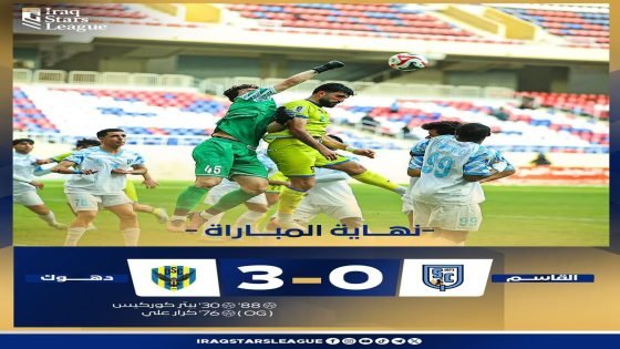 دهوك يرفع رصيده الى (25) نقطة بدوري نجوم العراق بعد الانتصار على القاسم بثلاثية نظيفة