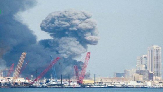 قاعدة جفير في البحرين تحترق بعد الهجوم الصاروخي الايراني.