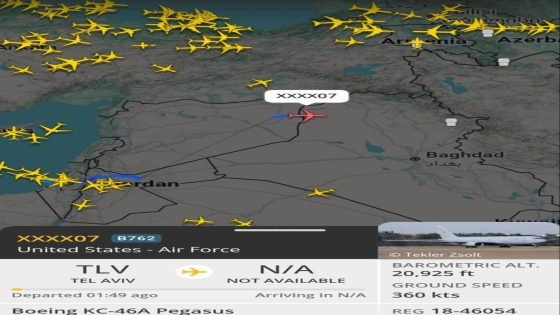 🔴طائرة تزود بالوقود امريكية انطلقت من مطار بنغريون ترافق سرب طائرات حربية من فوق فلسطين وسوريا باتجاه شرق سوريا والان هي في الاجواء العراقية وهو مسار متبع للطائرات الحربية باتجاه إيران