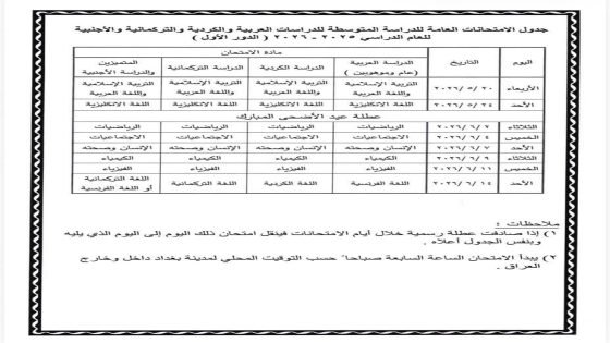 وزارة التربية: غداً انطلاق امتحانات الثالث المتوسط في السابعة صباحاً وفي حال صادفت عطلة رسمية خلال أيام الامتحانات فينقل امتحان ذلك اليوم إلى اليوم الذي يليه وبنفس الجدول المعلن.